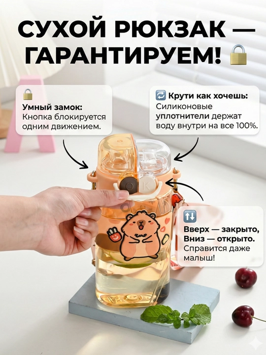 Детская бутылочка для воды 2в1 с трубочкой и поильником, 520 мл