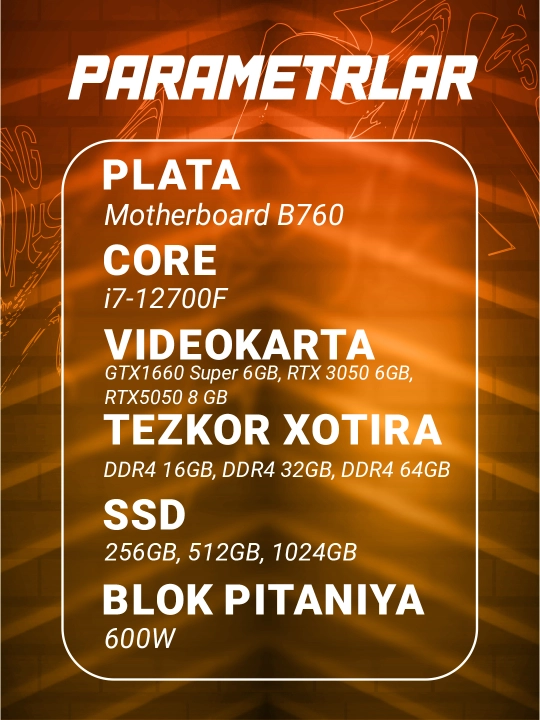 Gaming PC i7-12700F, GTX1660/RTX3050/RTX5050, 16-64GB RAM, SSD 256GB–1TB+HDD 500GB sovg'a