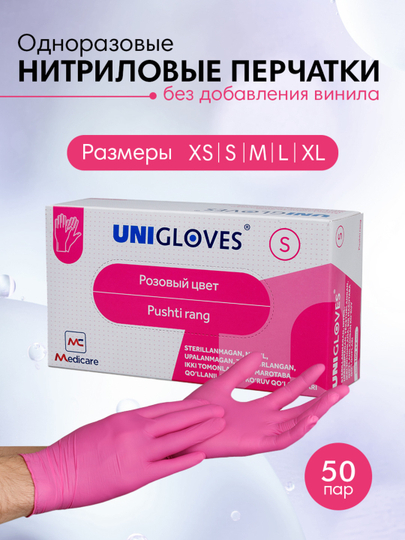 Одноразовые перчатки Unigloves, нитриловые, неопудренные, 100 шт — MEDCARE-GLOVES-ТЕМНРОЗ-L