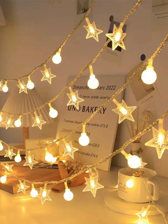 LED girlyanda, qorparcha, yulduzcha, chiroqlar bilan, 5 m, batareka bilan