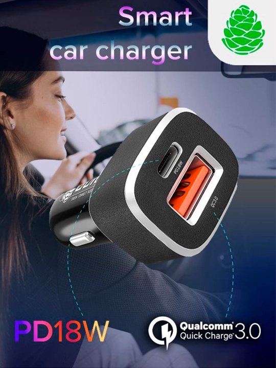 Avtomobil zaryadlovchi GCR USB + Type C tez zaryadlash QC 3.0 Power Delivery 18 W - 
