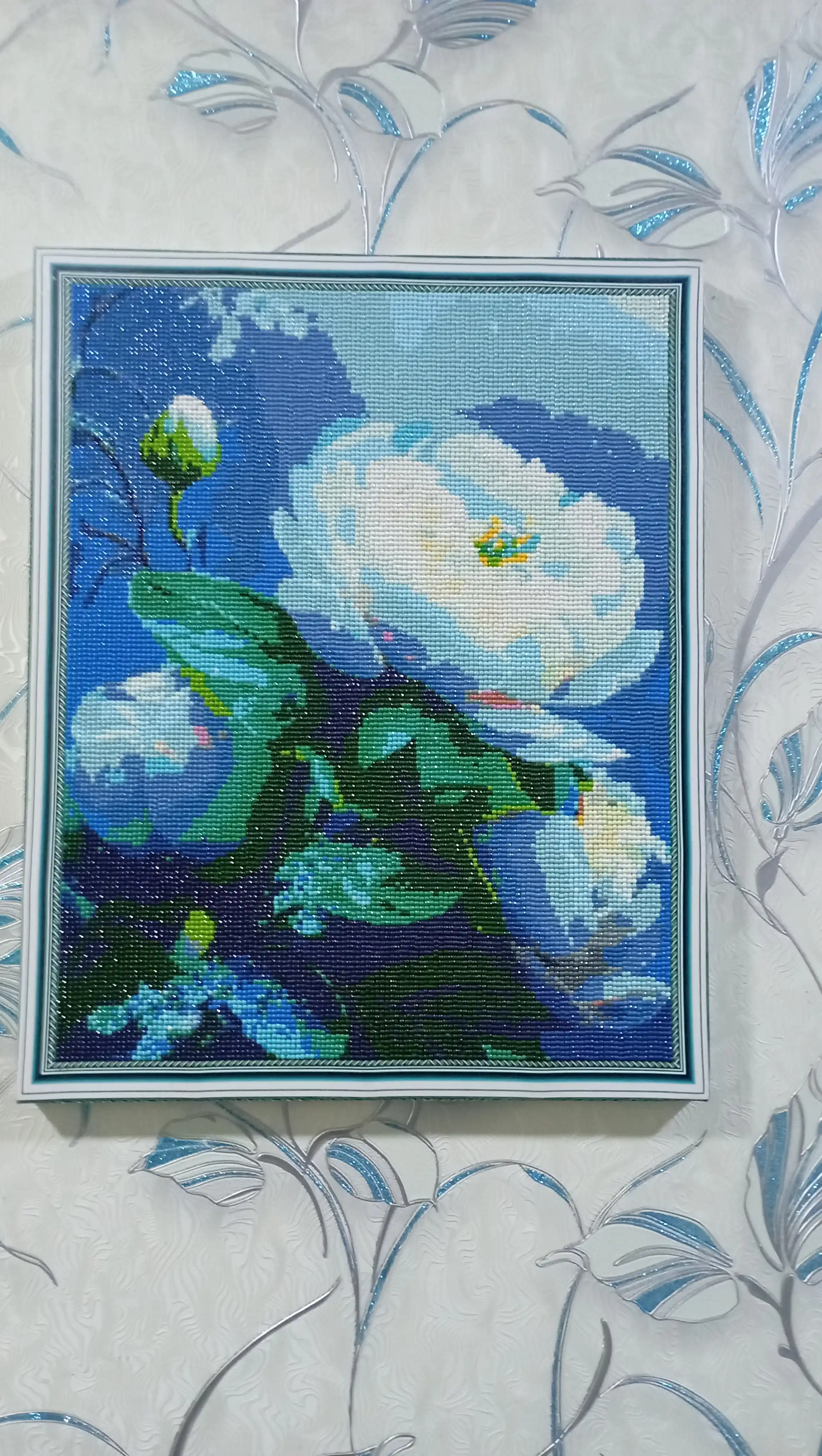 Olmos mozaika, "Gullar" mavzusidagi mozaika, hoshiya ostidagi mato, 40*50 sm