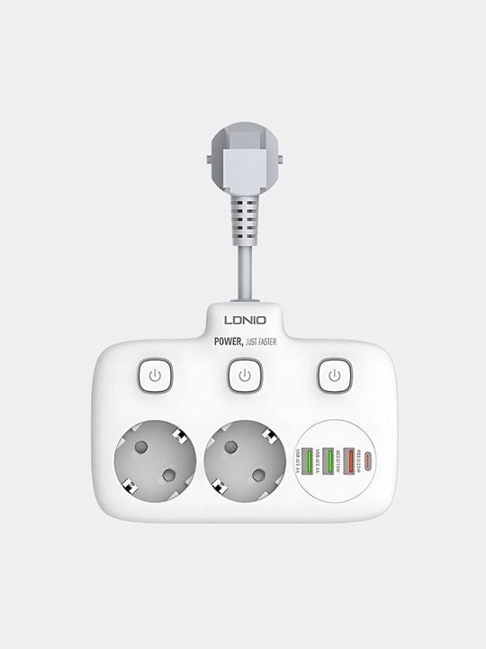 DNIO SE2435 — сетевой фильтр с быстрой зарядкой, 2 розетками, USB/Type-C и переключателями - 