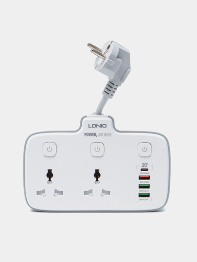 LDNIO SC2413 — сетевой разветвитель с 2 универсальными розетками и 4 USB, быстрой зарядкой