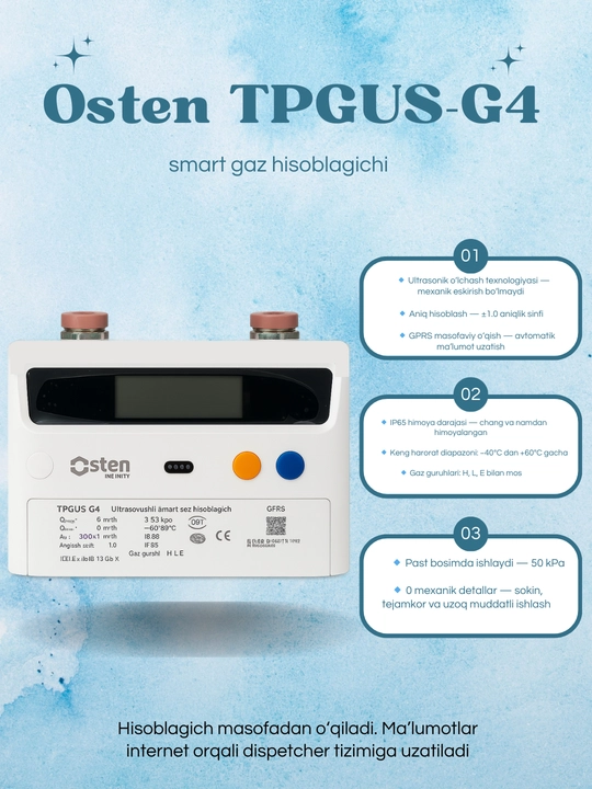 Osten TPGUS-G4 aqlli gaz hisoblagichi, ultratovushli gaz hisoblagichi, GPRS gaz - 