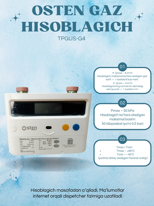 Osten TPGUS-G4 aqlli gaz hisoblagichi, ultratovushli gaz hisoblagichi, GPRS gaz