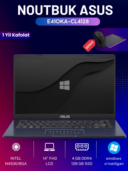 Noutbuk ASUS E410KA-CL4128 N4500/4GB/128GB/14" FHD/STAR Black, 1 yil kafolat - 