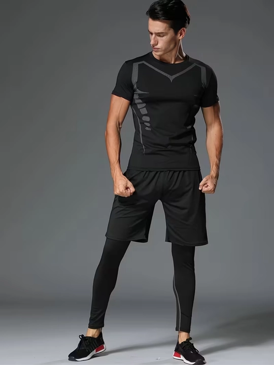 Erkaklar sport kiyim to‘plami — futbolka + shortik + leggins, yugurish va fitnes uchun