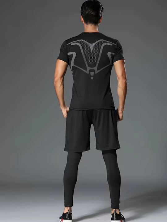 Erkaklar sport kiyim to‘plami — futbolka + shortik + leggins, yugurish va fitnes uchun