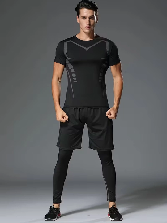 Erkaklar sport kiyim to‘plami — futbolka + shortik + leggins, yugurish va fitnes uchun