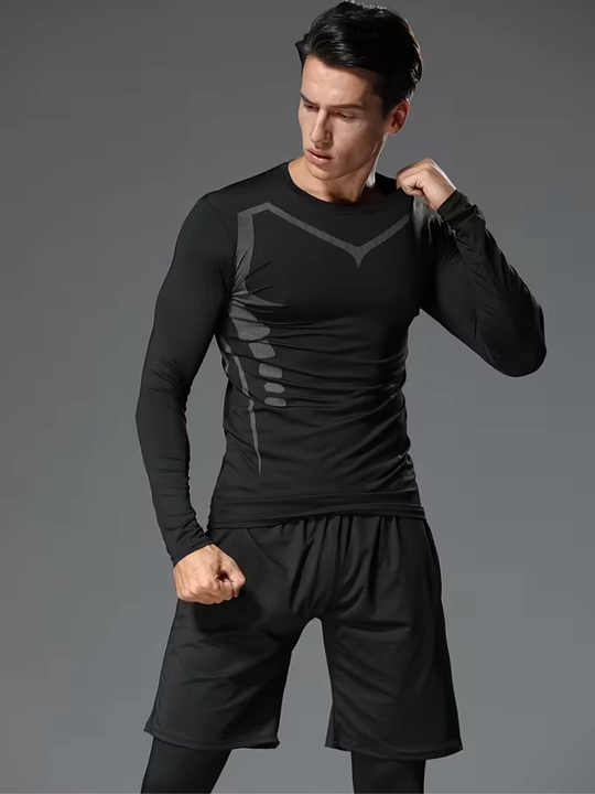 Erkaklar sport kiyim to‘plami — futbolka + shortik + leggins, yugurish va fitnes uchun