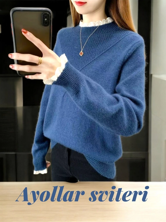 To‘rli ayollar sviteri, ko‘k, qora, binafsha-qizil, tor yengli, 2XL-3XL o‘lchamda - 