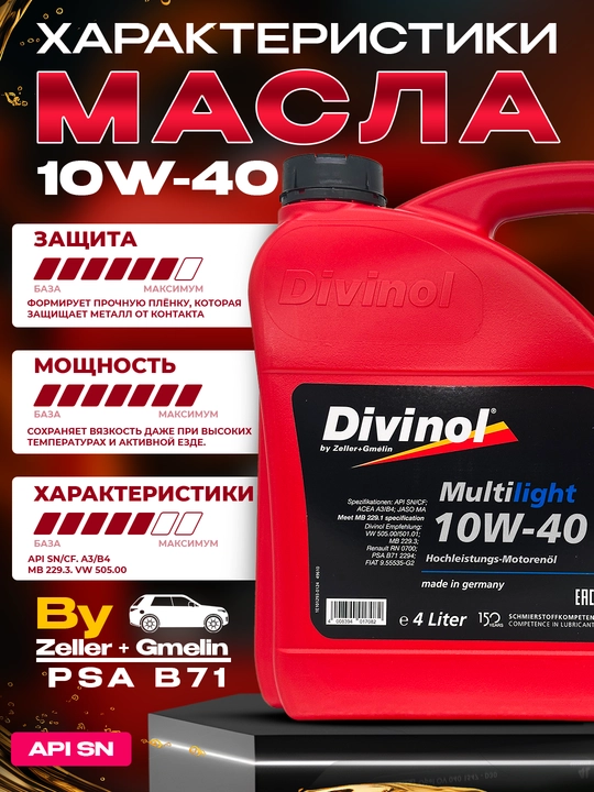 Motor moyi Divinol 10W-40 4L, Germaniyada ishlab chiqarilgan