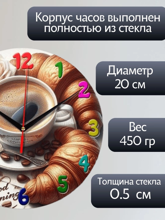 Devor soati, oshxona uchun "Qahva", "Kruassan", yorqin bosma, shisha, 20x20 sm
