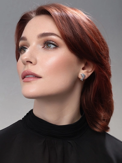 Серьги женские - кошка, лапка, дельфин, сережки гвоздики с животными, бижутерия Amadora — AMADORA-ERPET001-ГОЛУБ