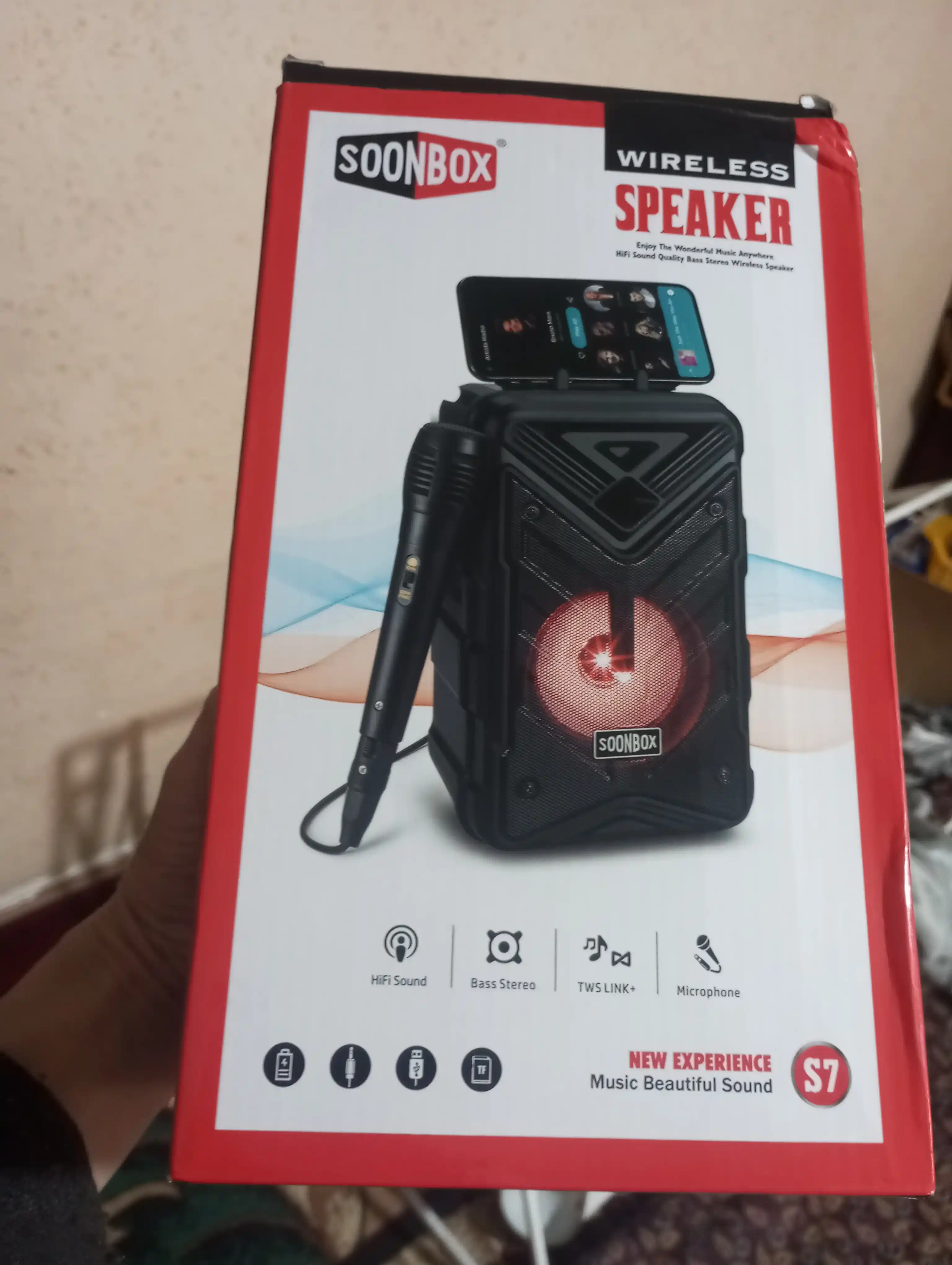 Soonbox S7 karaoke kolonka, Bluetooth, FM radio, mikrofonli, LED yoritgichli
