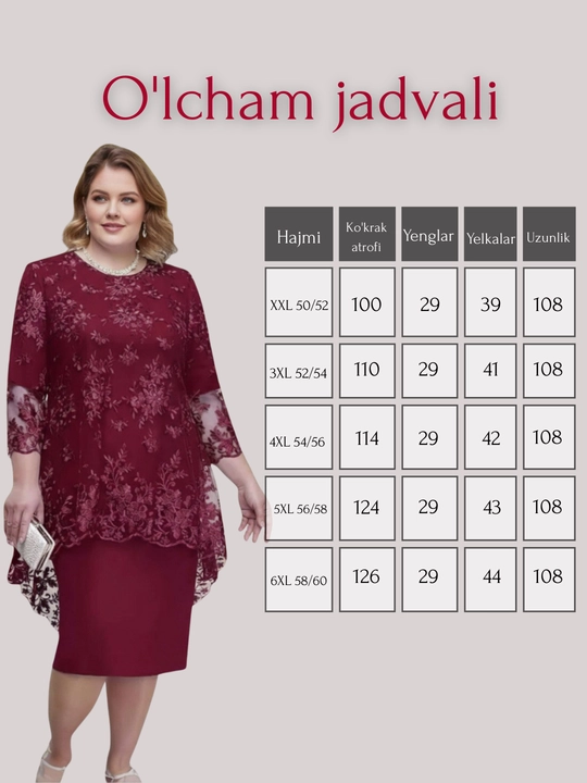 Ayollar libosi, katta o'lchamlari 50-62 to'y, bayram uchun