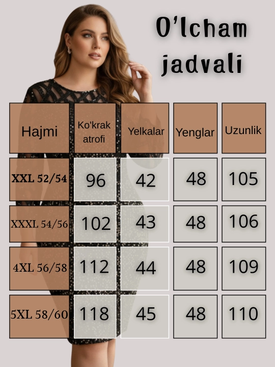 Ayollar libosi, katta o'lchamlari 50-60 bayramona, to'y uchun