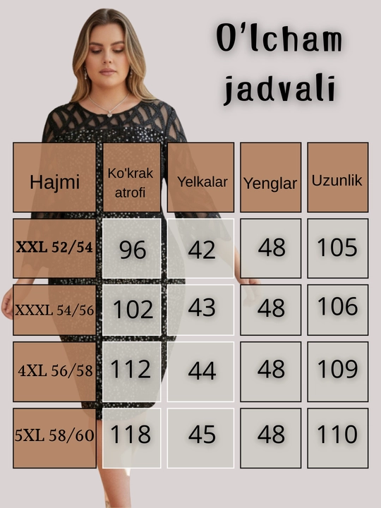 Ayollar libosi, katta o'lchamlari 50-60 bayramona, to'y uchun