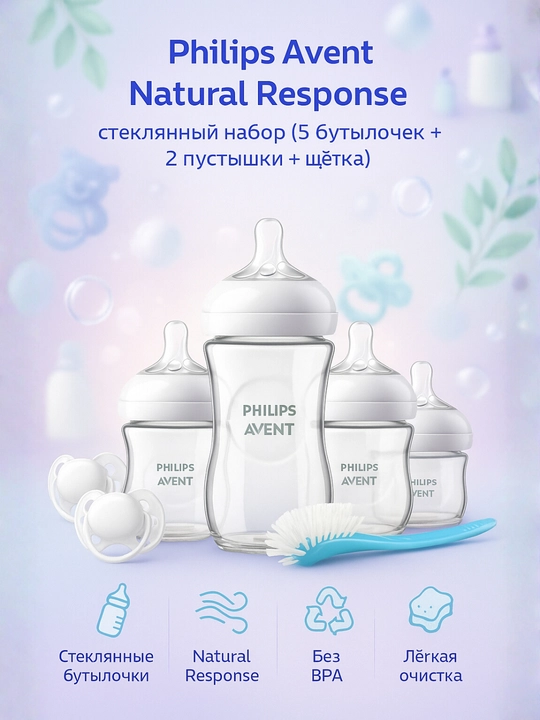 Philips Avent Natural Response — большой стеклянный набор (5 бутылочек + 2 пустышки+щётка)  - 