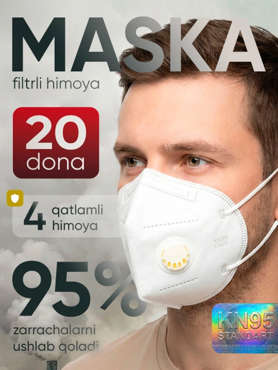 Tibbiy niqob KN95 20 dona, maska respirator klapanli Lalaku - 