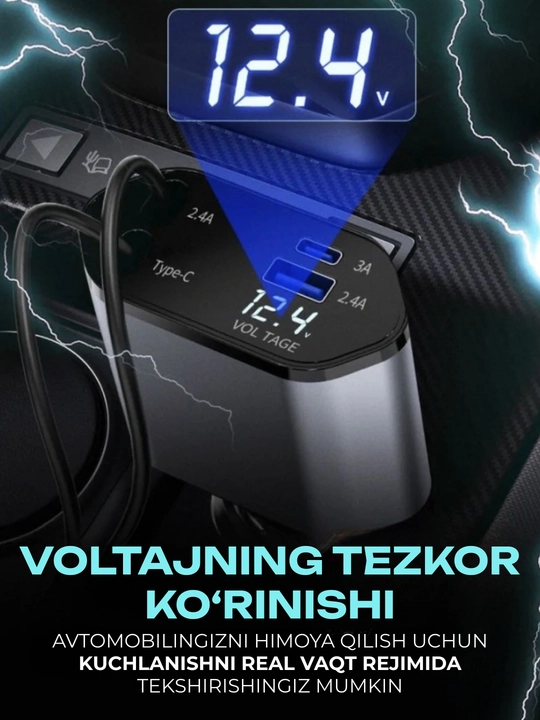 Avtomobil zaryadlovchi 120W voltmetrli, ichki Type-C va Lightning kabelli