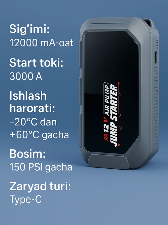Start-zaryad qurilmasi kompressorli 12000 mA·soat, 3000A, LED fonar, 150 PSI
