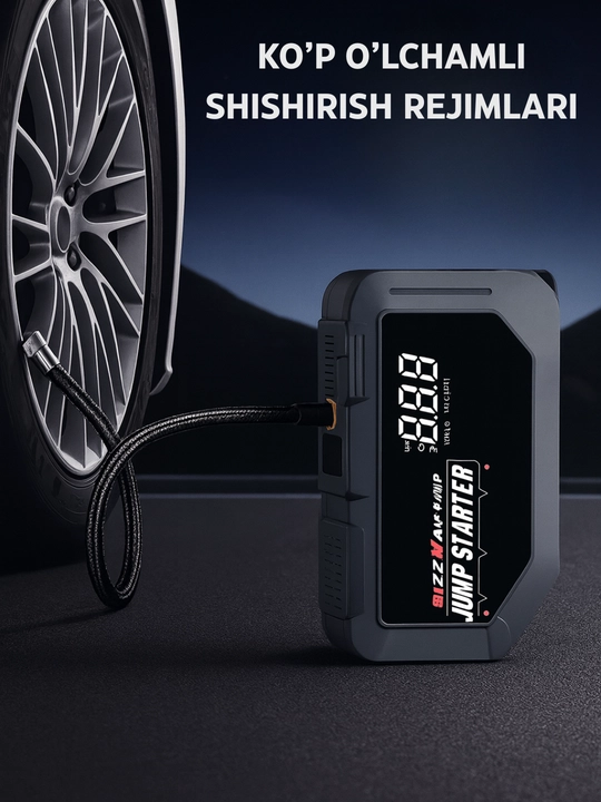 Start-zaryad qurilmasi kompressorli 12000 mA·soat, 3000A, LED fonar, 150 PSI