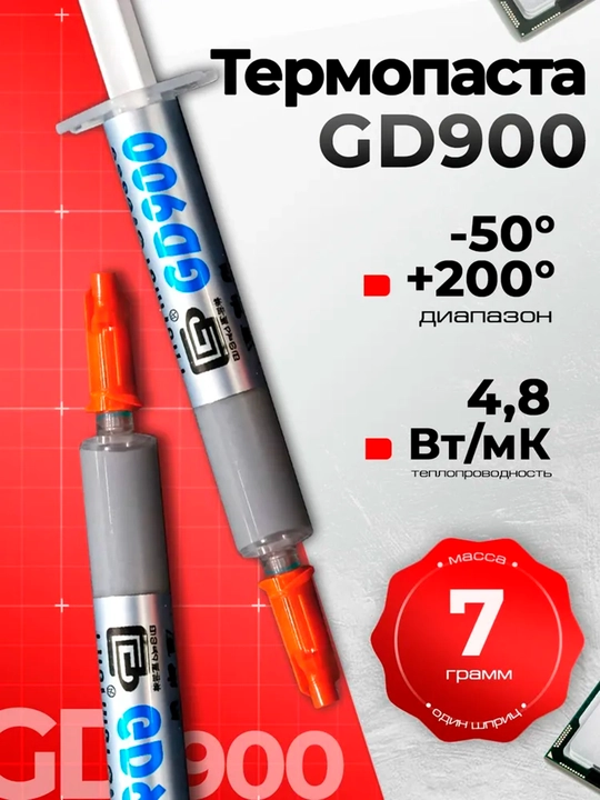 Термопаста GD900 для видеокарт и процессоров, 0.5 г, 1 г, 3 г, 7 г, 15 г, 30 г, 4.8w