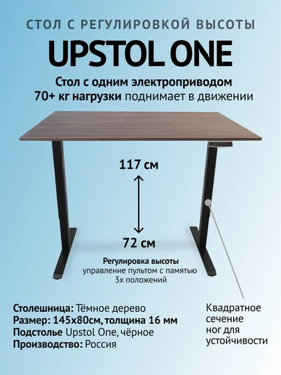 UPSTOL Компьютерный стол с регулируемой высотой One:белая и столешница дуб милано 145х80 — СТОЛМАГ-SHB2420D450BK145