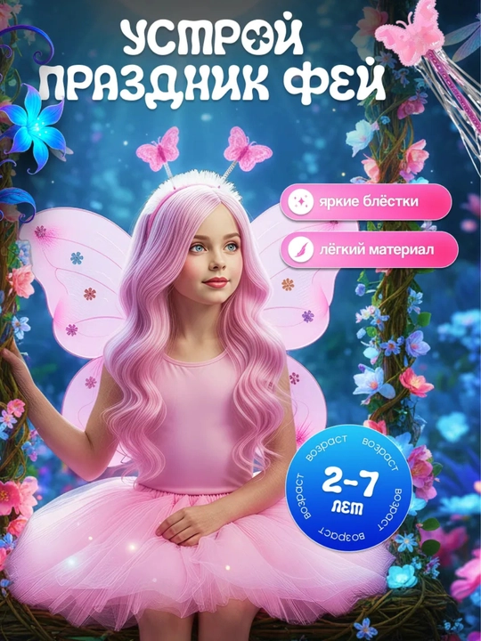 Костюм фея бабочка, LED для девочек, юбка ,крылья ,ободок , палочка - 