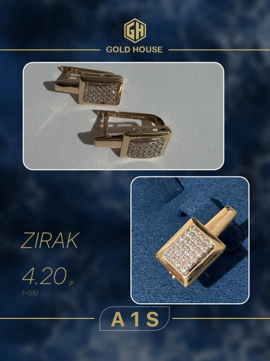 GOLD HOUSE A1S modelidagi oltin taqinchoqlar to‘plami,585 Proba, uzuk va ziraklar to‘plami