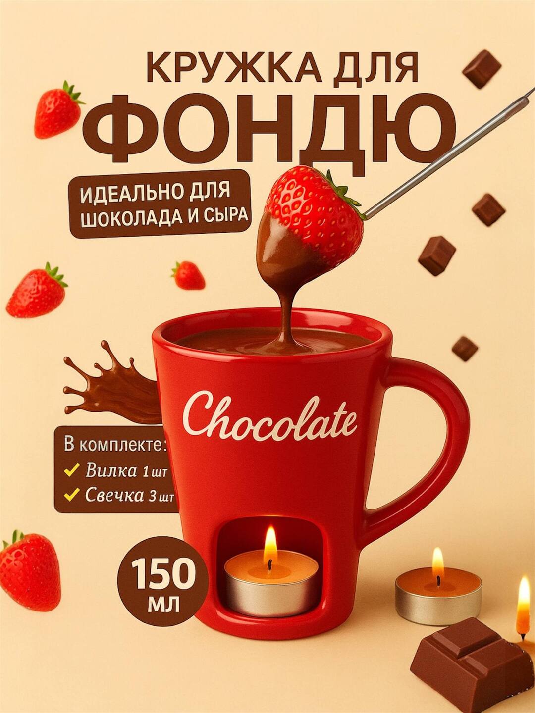 Chokolad erituvchi krujka,  fondyushnitsa, sovg‘a uchun, cham va vilka bilan - 