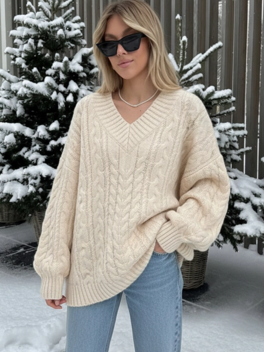 Ayollar oversize sviteri, V shaklli yoqa, naqshli to‘qima 42–46 — ELLY FASHION