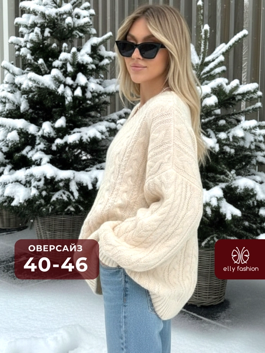 Ayollar oversize sviteri, V shaklli yoqa, naqshli to‘qima 42–46 — ELLY FASHION