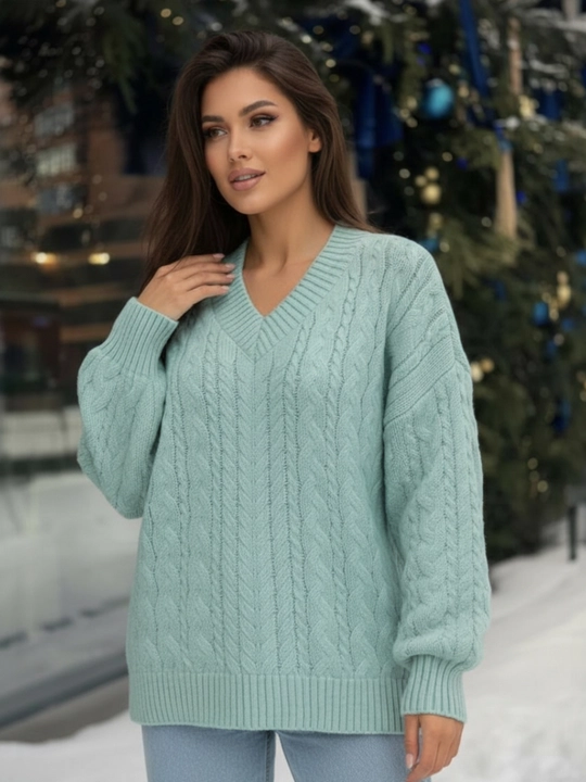 Свитер женский оверсайз с V-образным вырезом, фактурная вязка 42–46 — ELLY FASHION - 