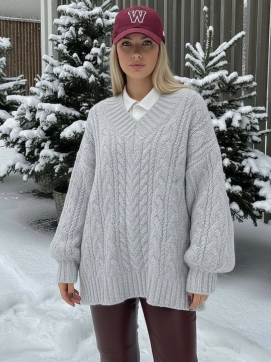 Ayollar oversize sviteri, V shaklli yoqa, naqshli to‘qima 42–46 — ELLY FASHION