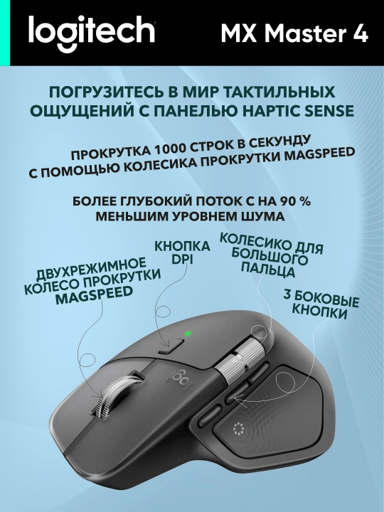 Logitech MX Master 4 simsiz sichqonchasi, Bluetooth, 8000 DPI, ishlash muddati 70 kungacha