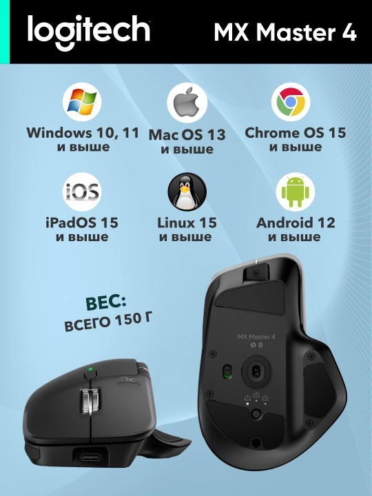 Logitech MX Master 4 simsiz sichqonchasi, Bluetooth, 8000 DPI, ishlash muddati 70 kungacha