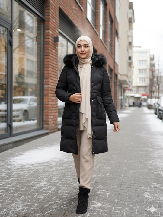 Ayollar uchun issiq qishki kurtka-kapyushonli, sun’iy mo‘ynali model - 