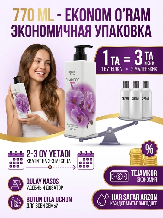 Doctor Fresh Shampuni, 770 ml, barcha soch turlari uchun mos