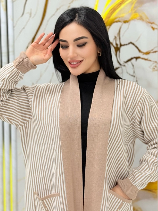 Ayol va qizlar uchun yo‘l-yo‘l dizayndagi uzun kardigan – 10 xil rangda NUS MAN