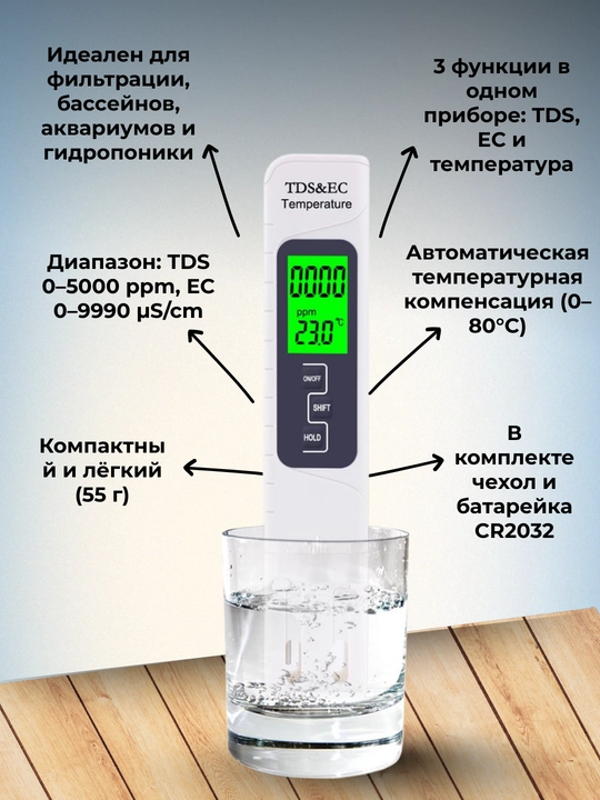TDS, EC metr ekranning orqa yorug'ligi bilan