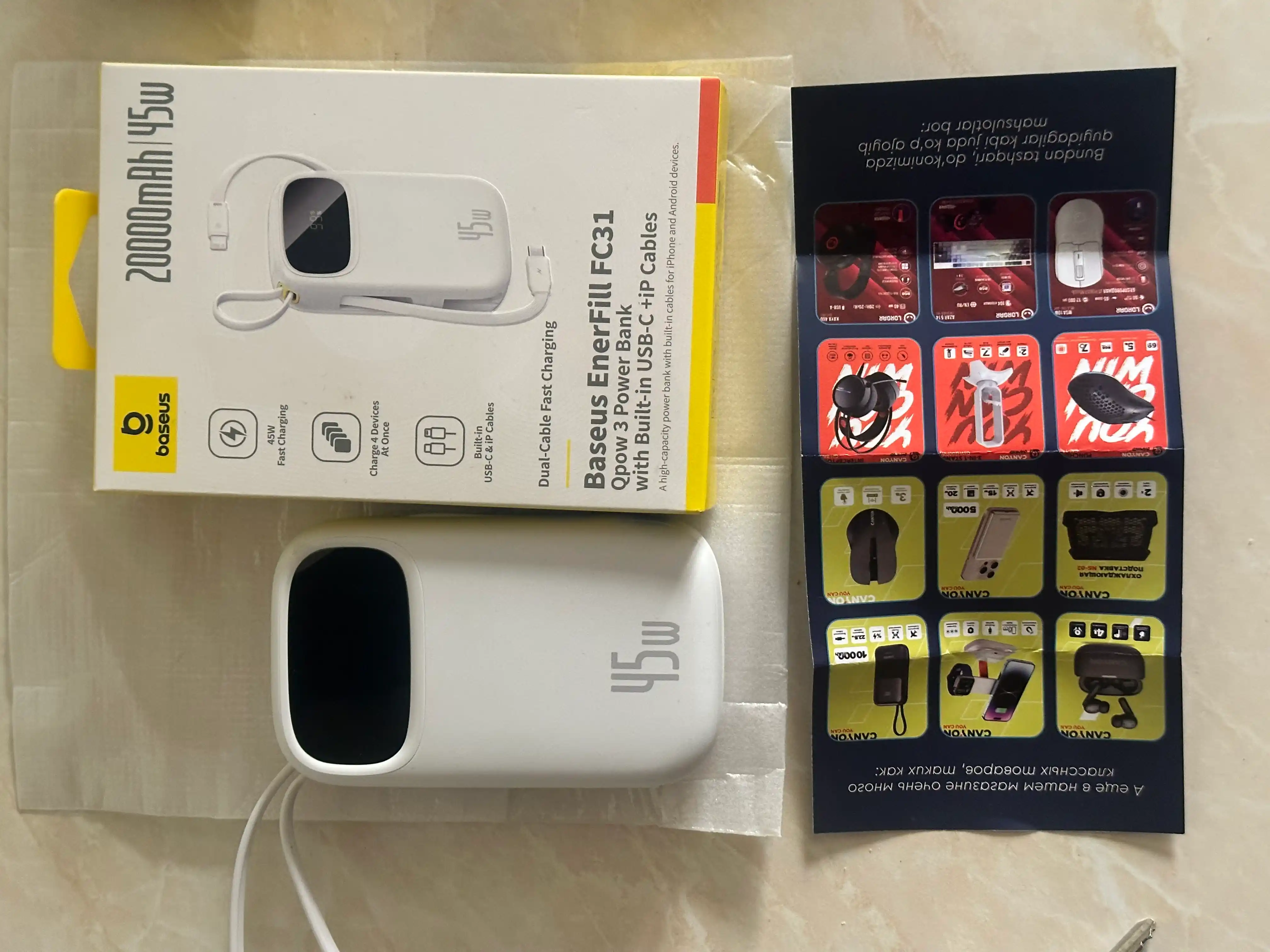 Baseus power bank QPow 3 45W EnerFill FC31, zaryadlash indikatori, o‘rnatilgan kabel bilan