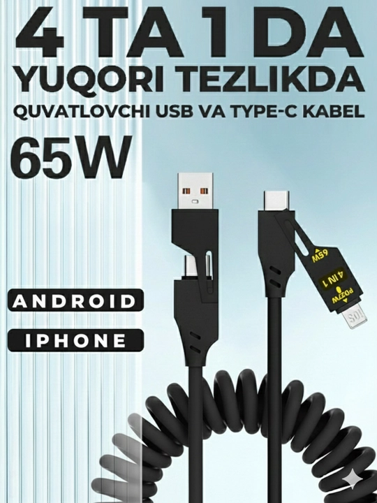 Universal 3 in 1 kabel, iPhone, Micro USB, Type-C, USB-A, zaryadlovchi kabeli