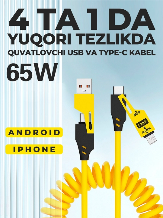 Universal 3 in 1 kabel, iPhone, Micro USB, Type-C, USB-A, zaryadlovchi kabeli