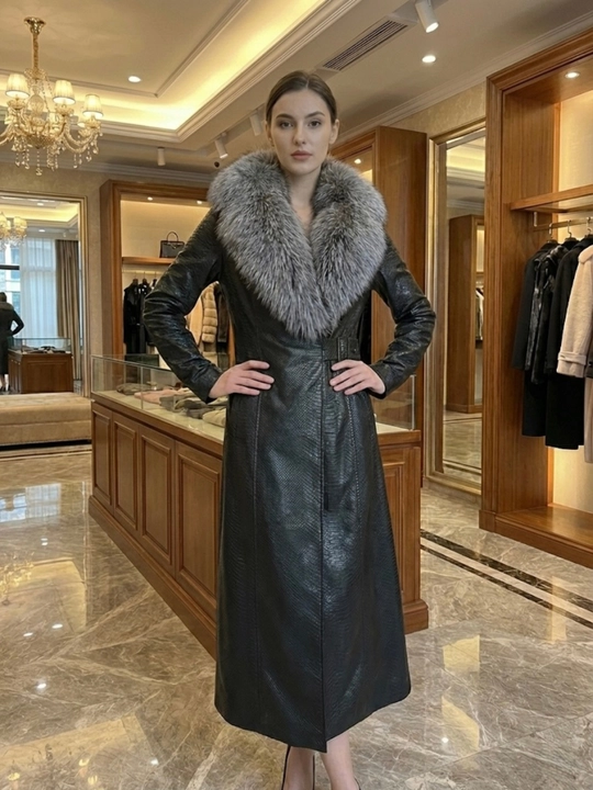 Ayollar charm paltosi tabiiy chernoburka mo‘ynasi bilan, uzunligi 120 sm, belbog‘li trench