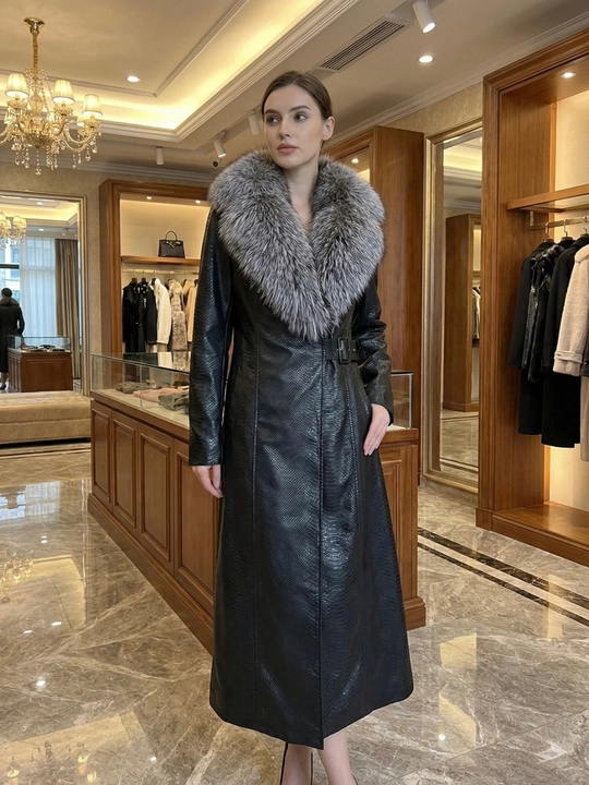 Ayollar charm paltosi tabiiy chernoburka mo‘ynasi bilan, uzunligi 120 sm, belbog‘li trench