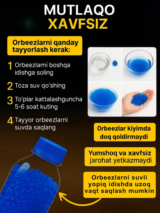 Orbiz o'qlari, gidrogel, 7-8mm, 25gr, 5000+ dona, suvda kattalashadigan