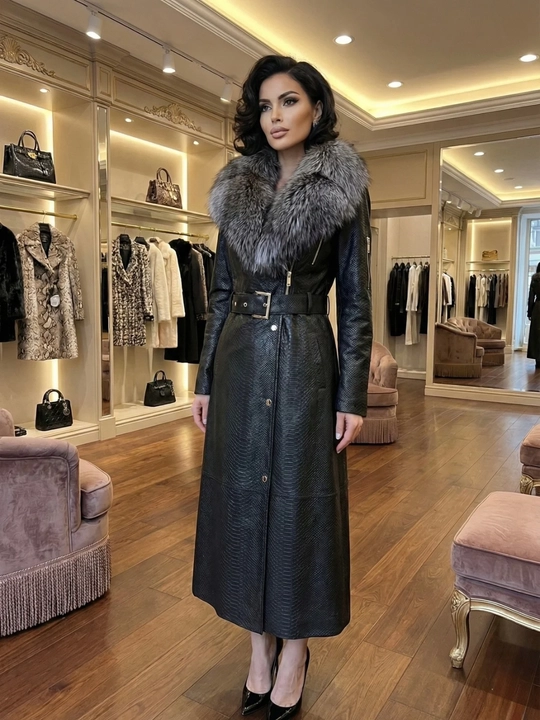 Ayollar charm paltosi tabiiy chernoburka mo‘ynasi bilan, uzunligi 120 sm, belbog‘li trench